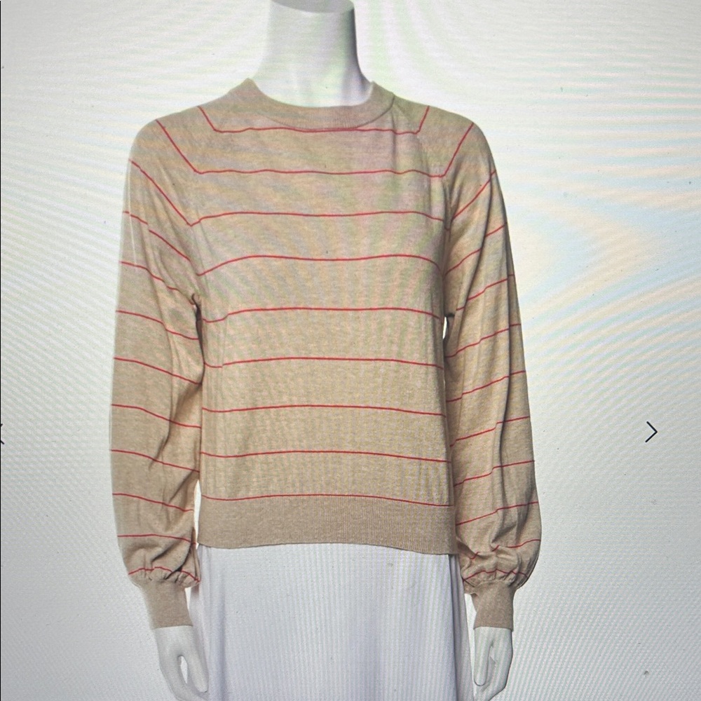 Misa Los Angeles Beige Crewneck Sweater with Red Stripes